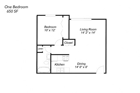 Floor plan for 1 bed, 1 bath, 624 sqft